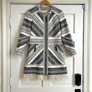 Black and White Rebecca Taylor Coat with Fringe